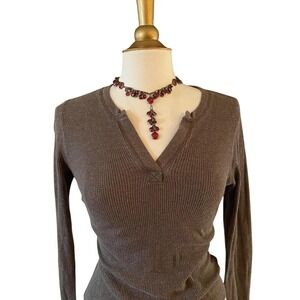 Liz Claiborne Brown Waffle Knit Thermal Top Split V-Neck Petite Medium